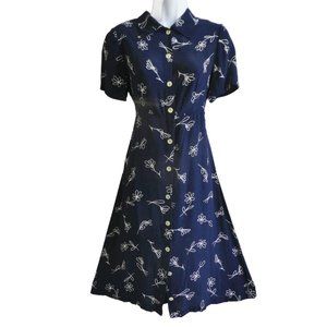 Vintage Mark Shale Navy Midi Floral Dress Shell Button Front Empire Waist USA S